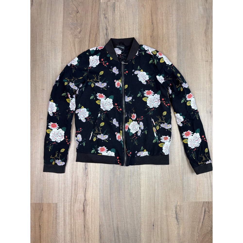 New Look Womens Floral Bomber Jacket Black Pink White Peony Print Size Small